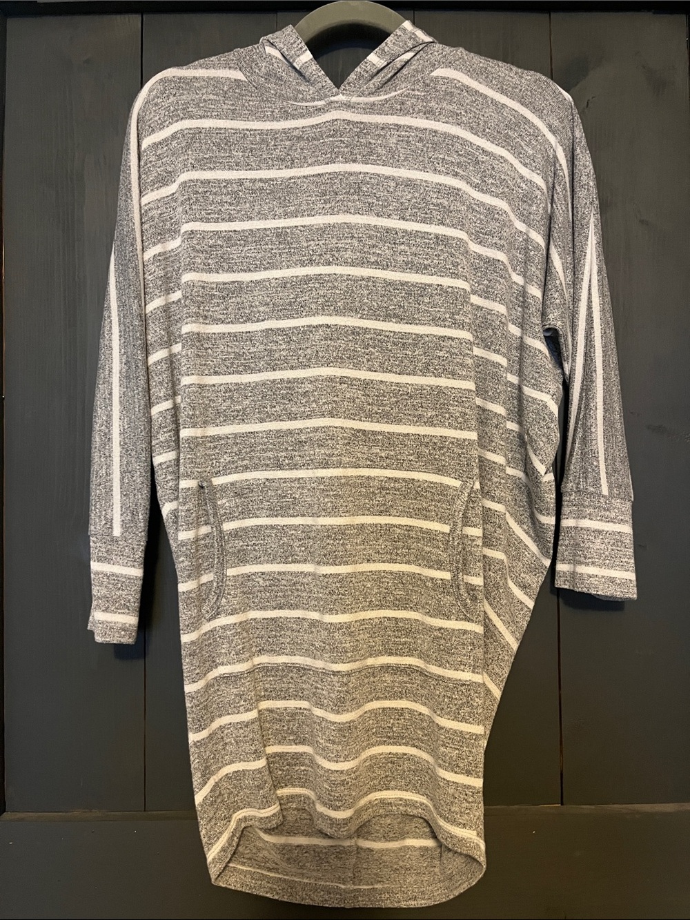 Women’s Gray and White Striped Hooded Sweater